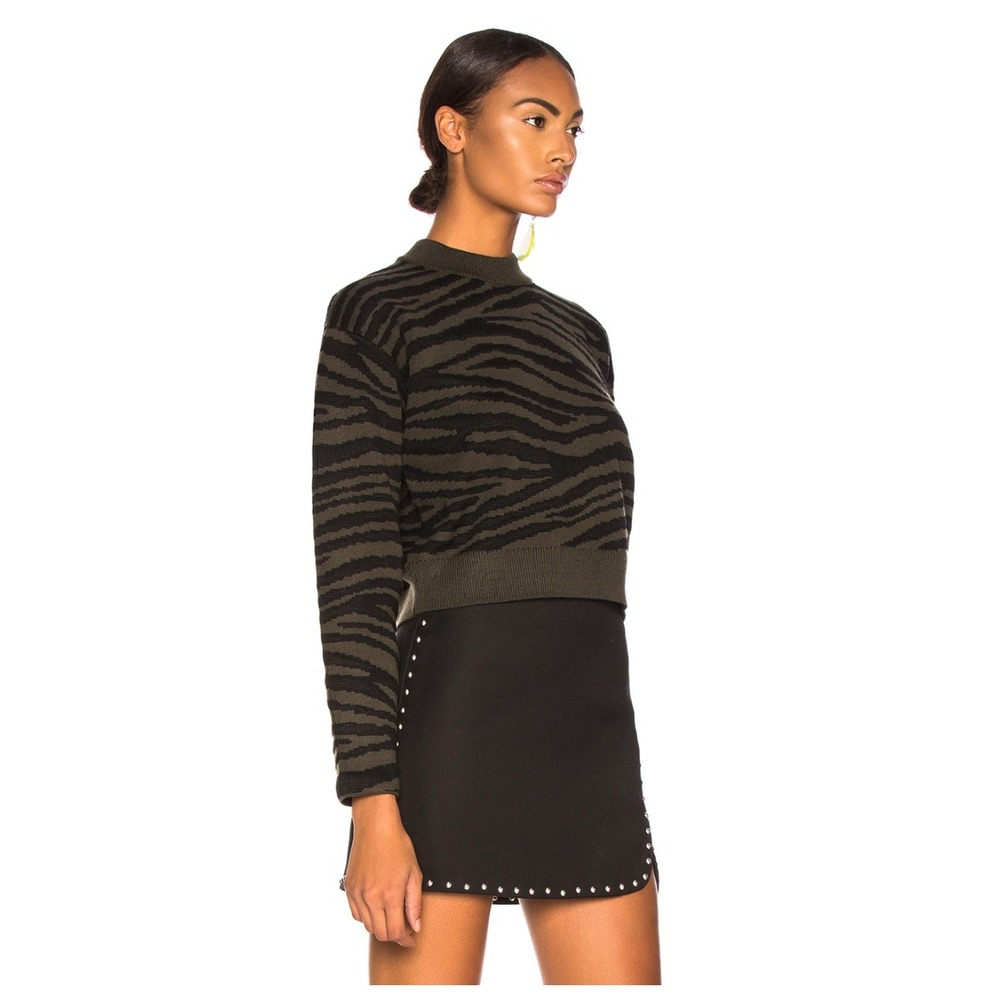 Proenza Schouler Women Sweater Small Green Tiger Jacquard Mock Crop Heavy Knit